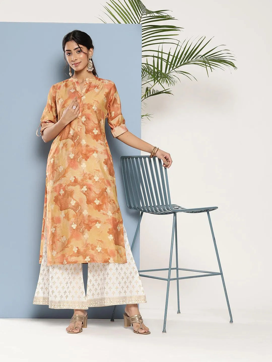 Brown Printed Silk Straight Kurta - Jashvi