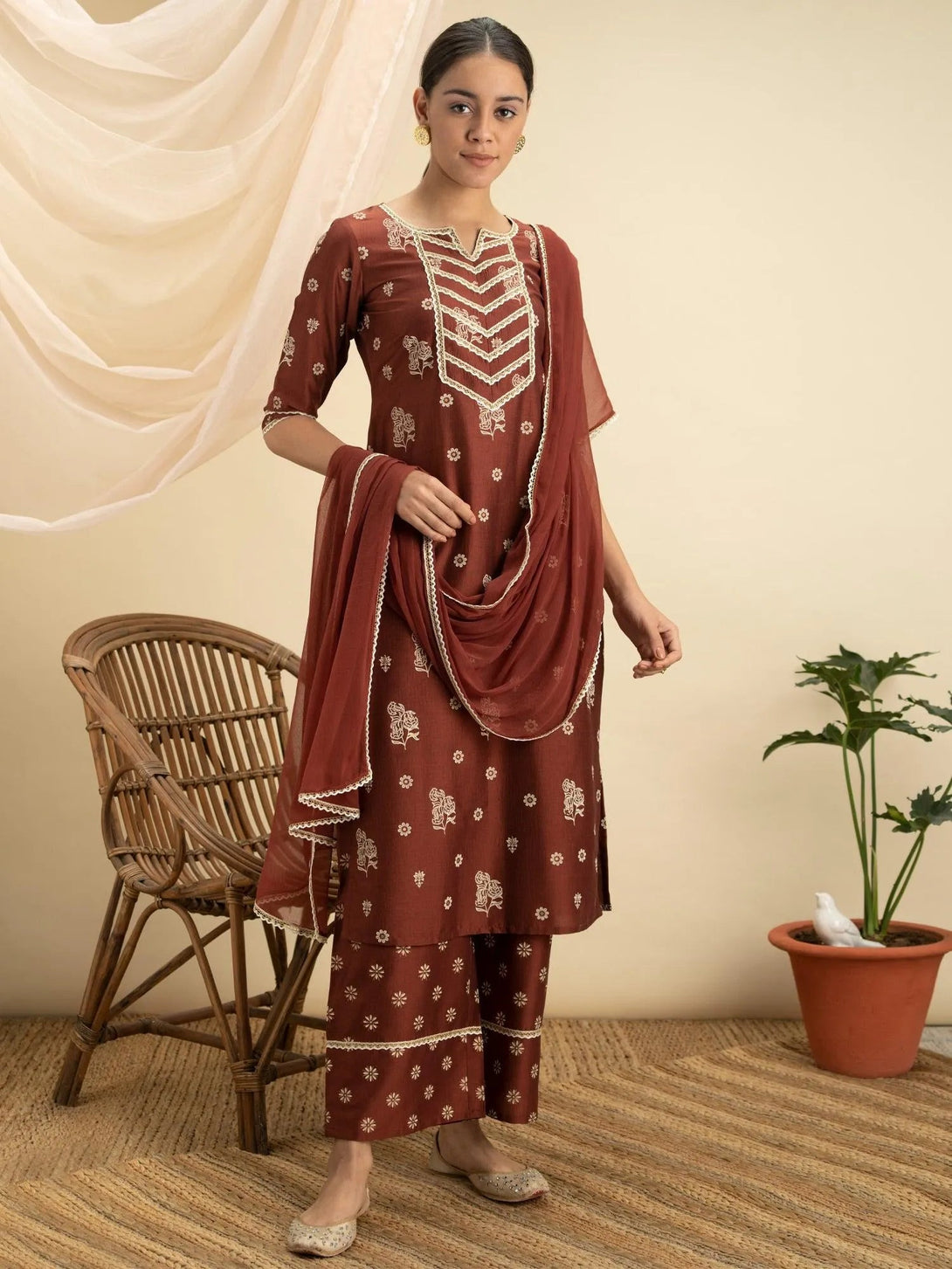 Brown Printed Silk Suit Set - Jashvi