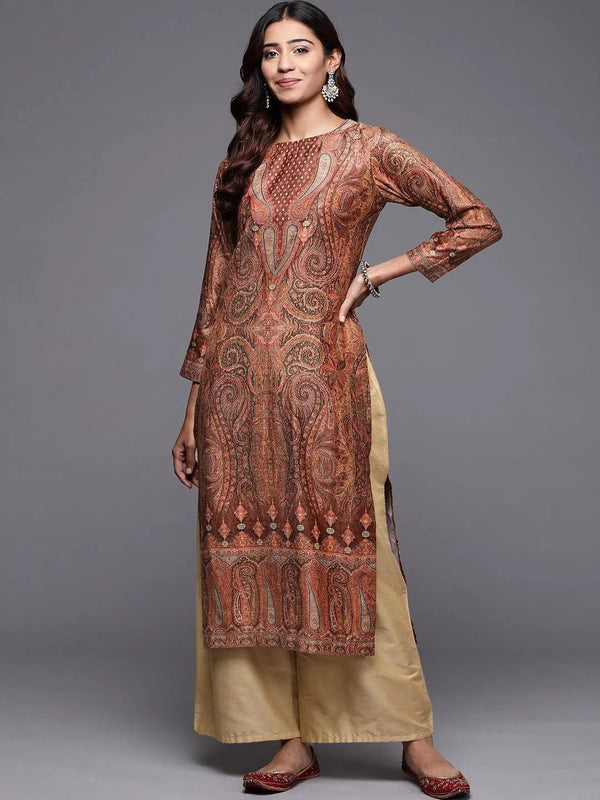 Brown Printed Velvet Straight Kurta - Jashvi