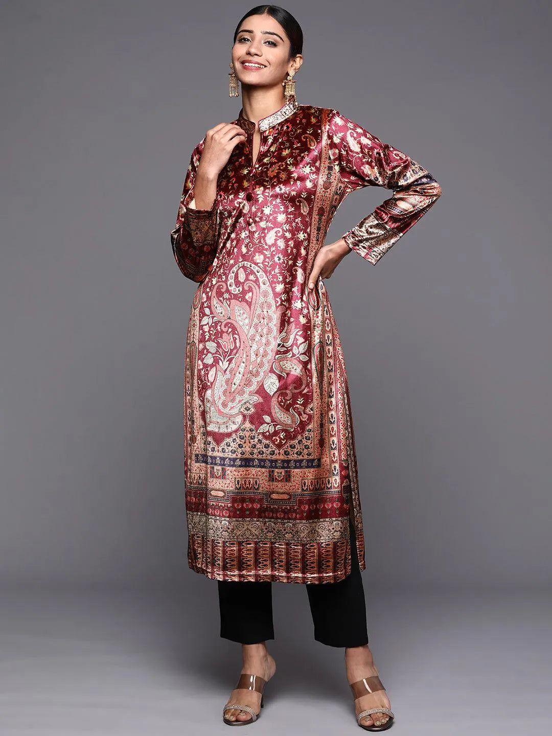 Brown Printed Velvet Straight Kurta - Jashvi