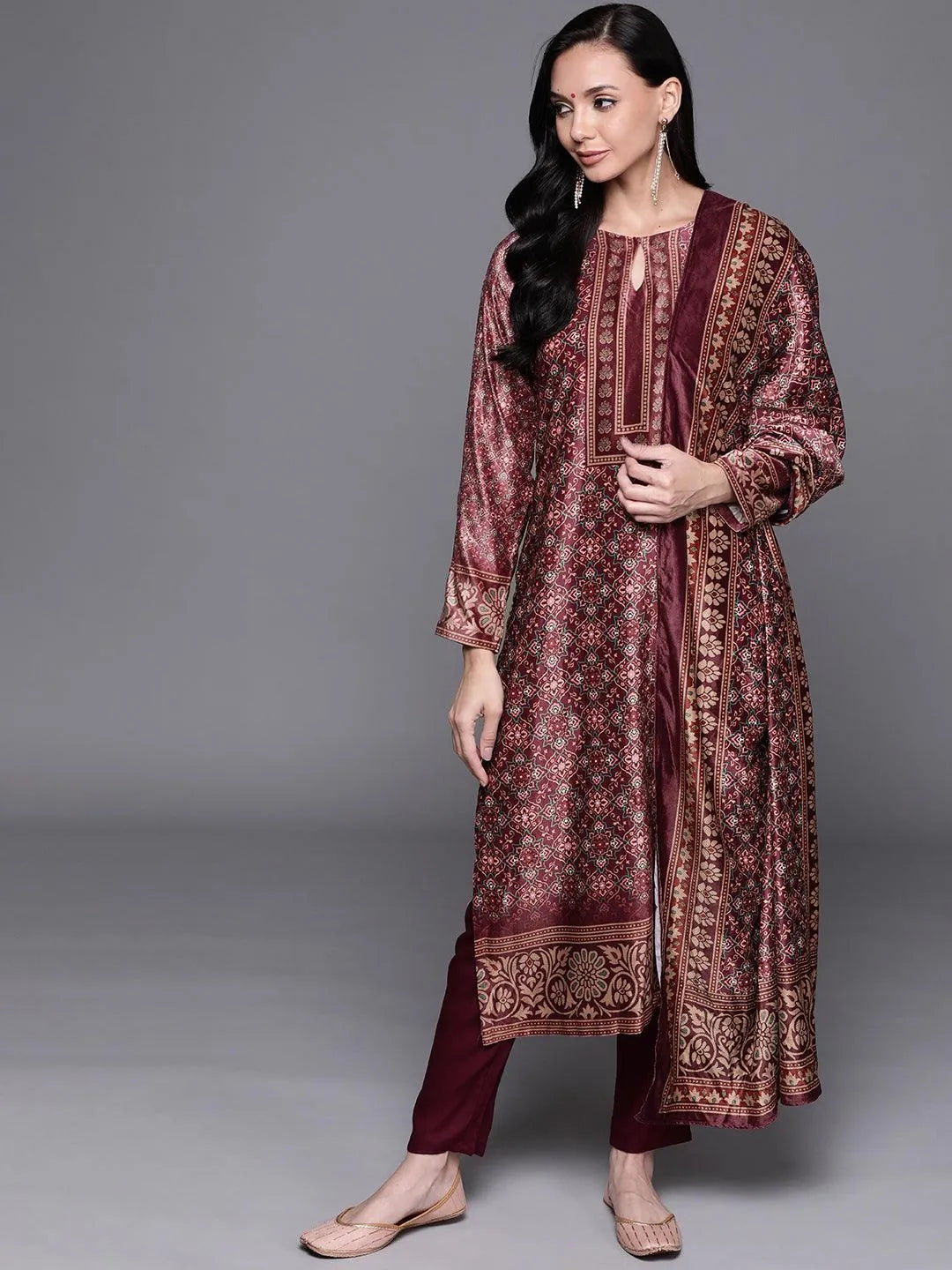 Brown Printed Velvet Suit Set - Jashvi