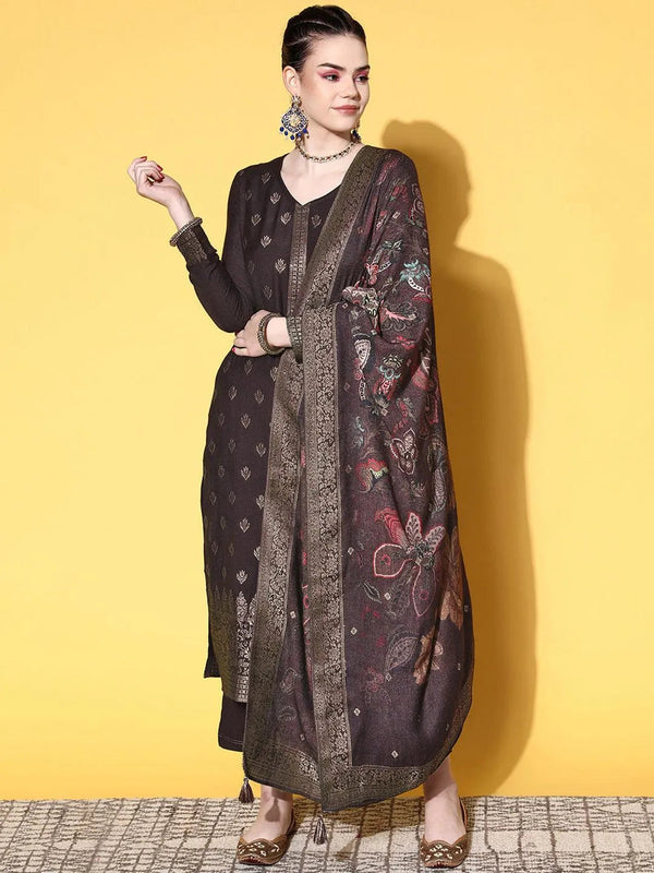 Brown Self Design Pashmina Wool Straight Suit Set - Jashvi