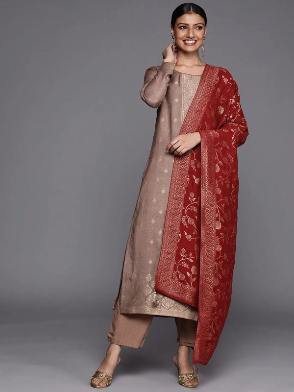 Brown Self Design Pashmina Wool Straight Suit Set - Jashvi