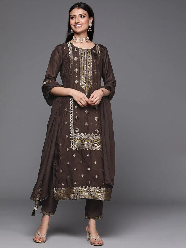 Coffee Brown Self Design Silk Suit Set - Jashvi