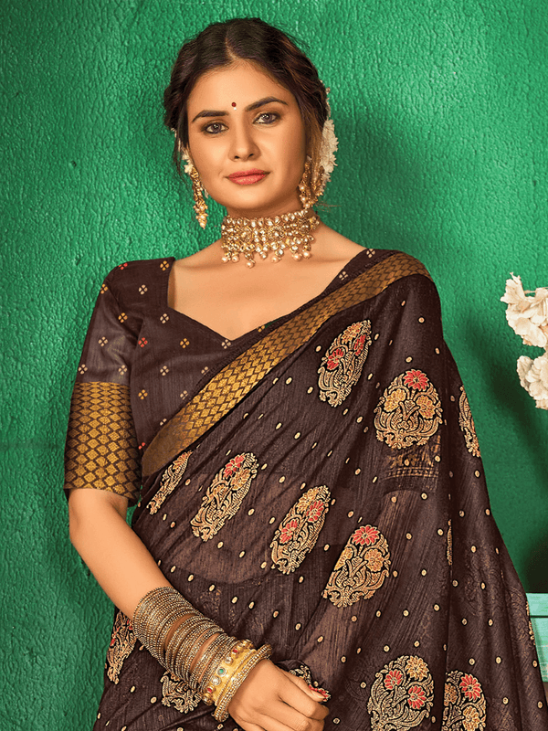 Women's Brown Silk Blend Wevon Border Designer Printed Saree - Odette