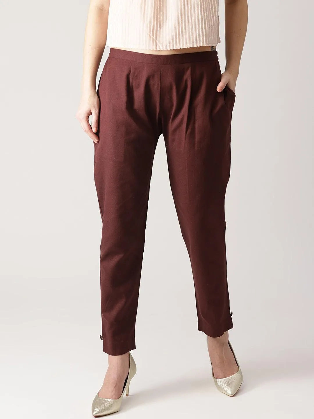 Brown Solid Cotton Trousers - Jashvi