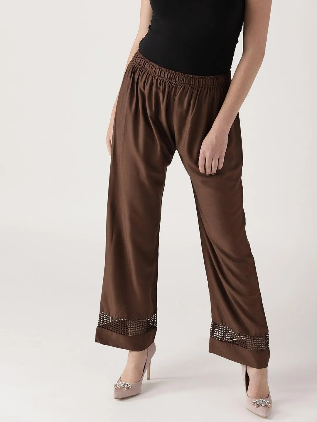 Brown Solid Rayon Palazzos - Jashvi