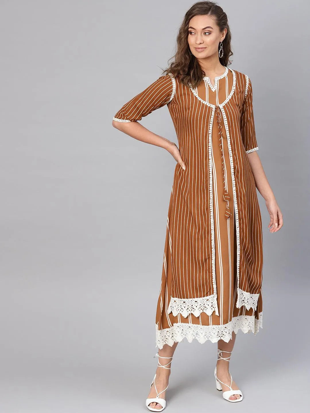 Brown Striped Rayon Dress With Jacket - Jashvi