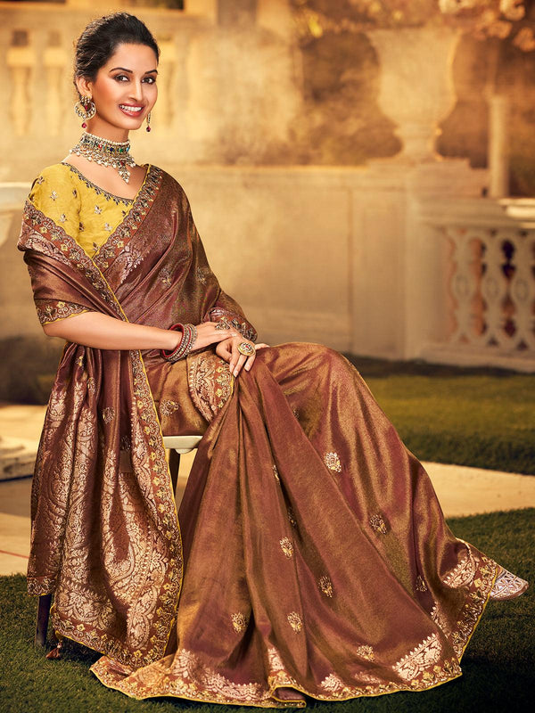 Women's Brown Viscose Floral Designer Saree With Blouse - Odette