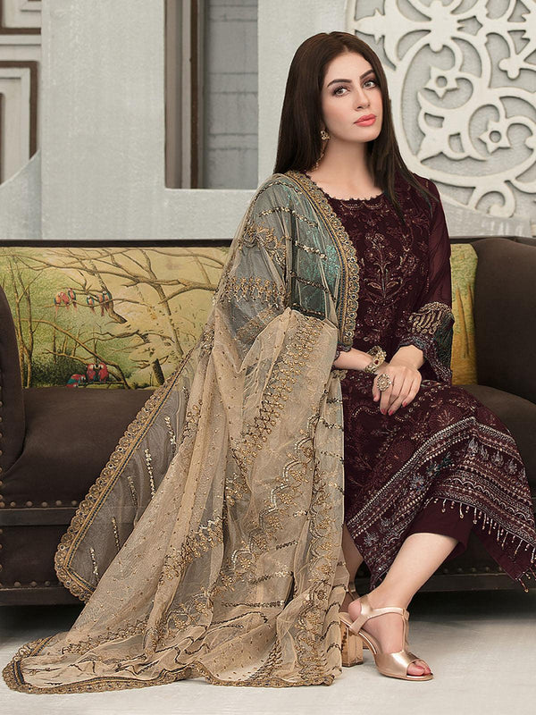 Women's Brown Embroidered Salwar Suit Set - Odette