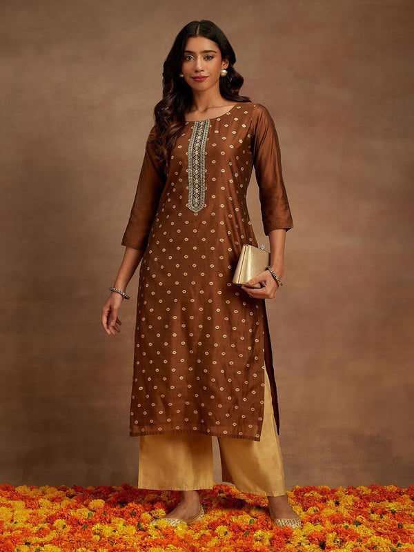 Brown Woven Design Chanderi Silk Straight Kurta - Jashvi