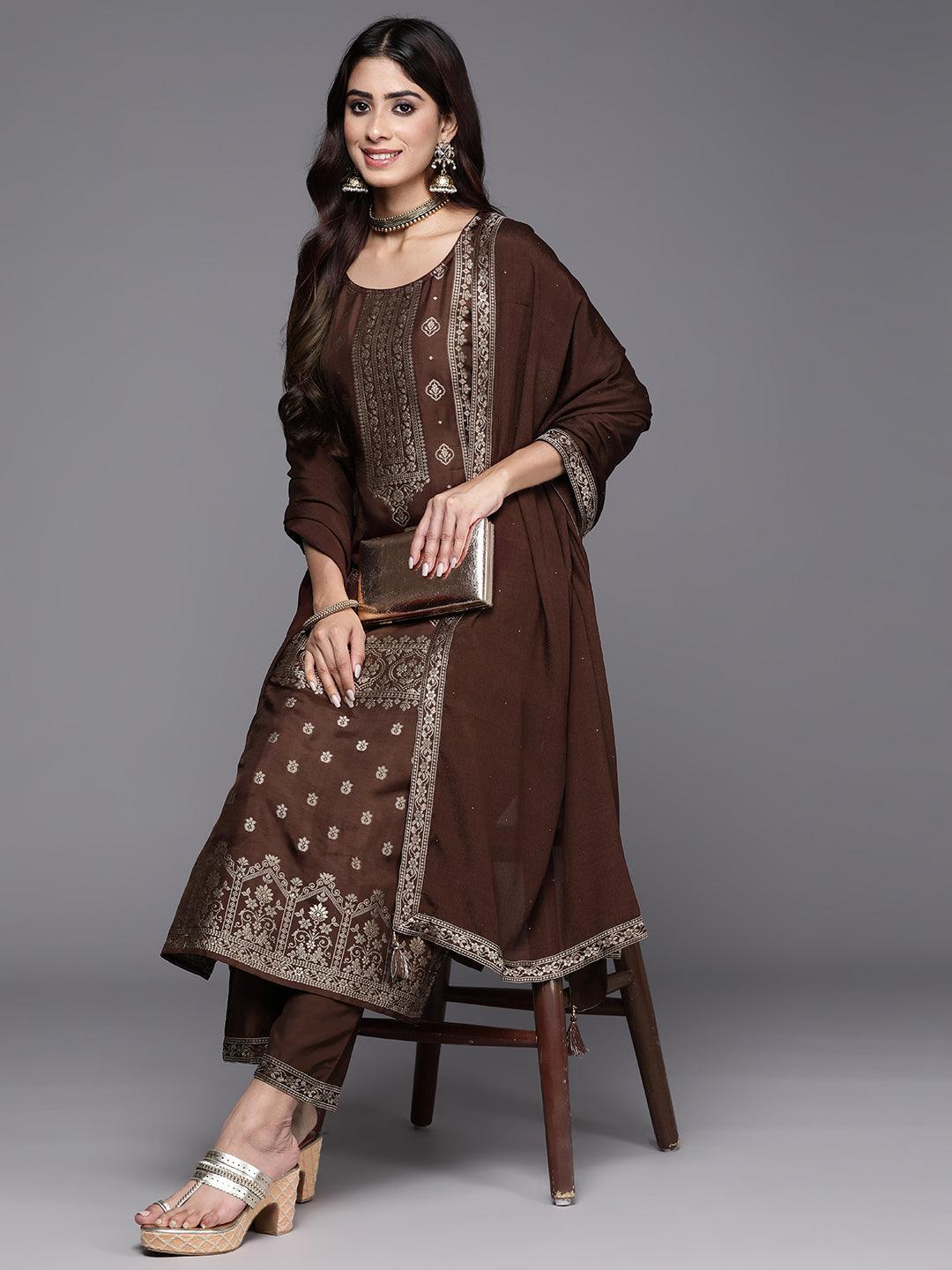 Brown Woven Design Silk Blend Straight Kurta With Trousers & Dupatta - Jashvi