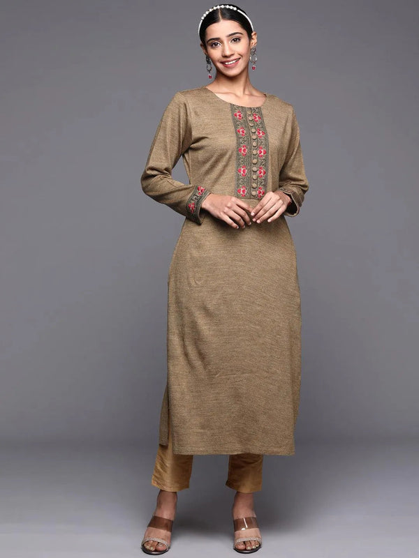 Brown Yoke Design Wool Straight Kurta - Jashvi