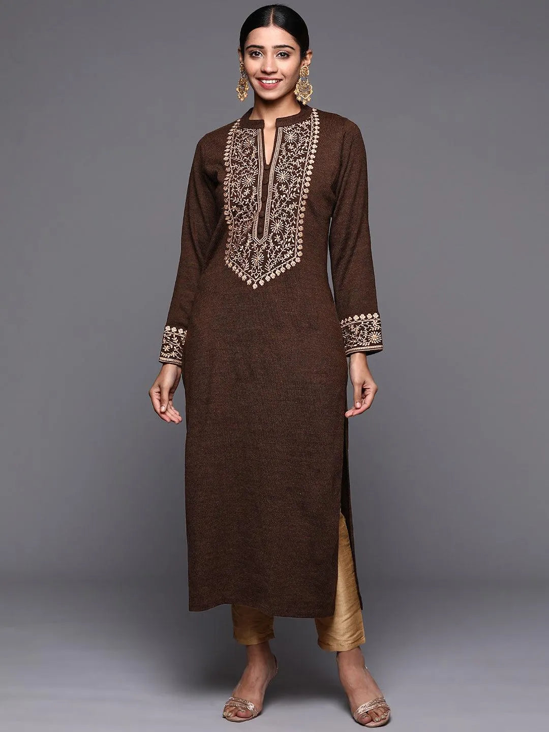 Brown Yoke Design Wool Straight Kurta - Jashvi