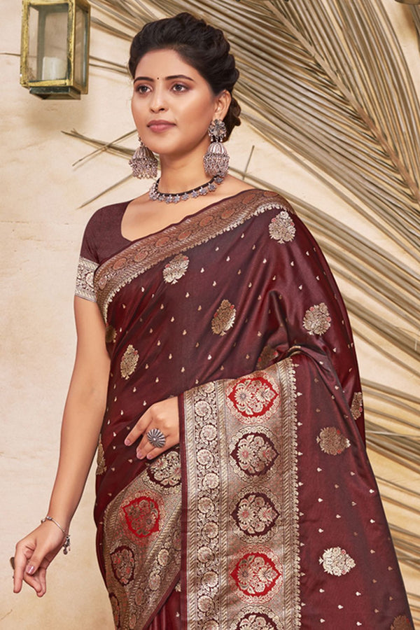 Women's Maroon Silk Woven Zari Work Traditional Tassle Saree - Sangam Prints