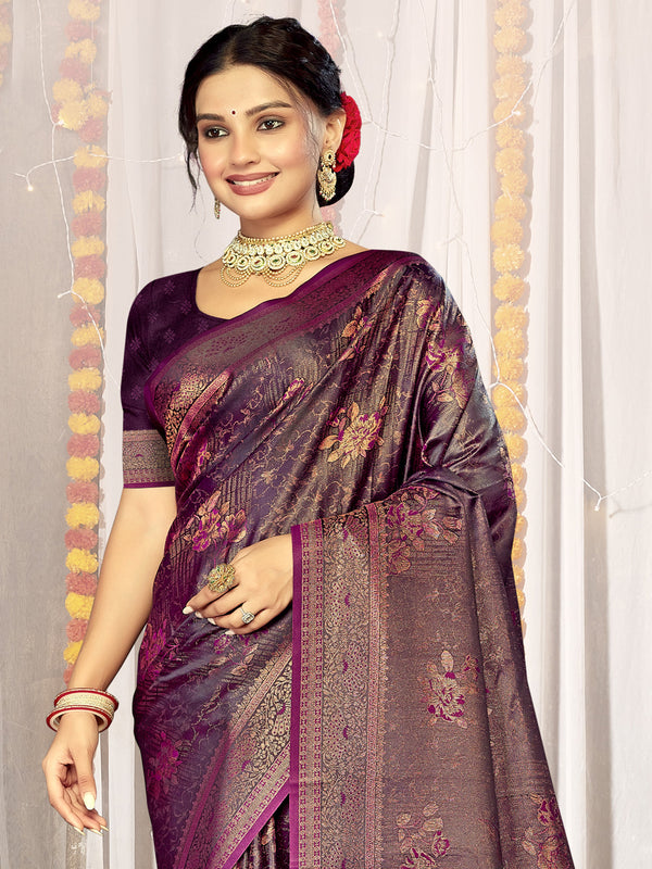 Women's Purple Satin Silk Saree With Un Stitched Blouse - Aanika