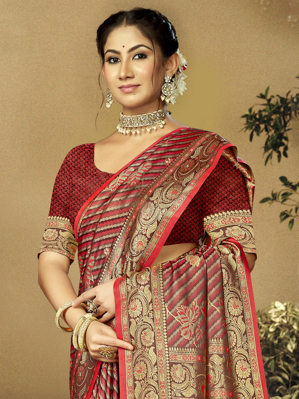 Women's Red Satin Silk Saree With Un Stitched Blouse - Aanika