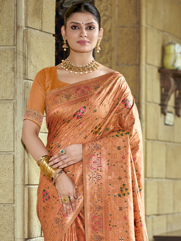 Women's Peach Silk Saree With Un Stitched Blouse - Aanika