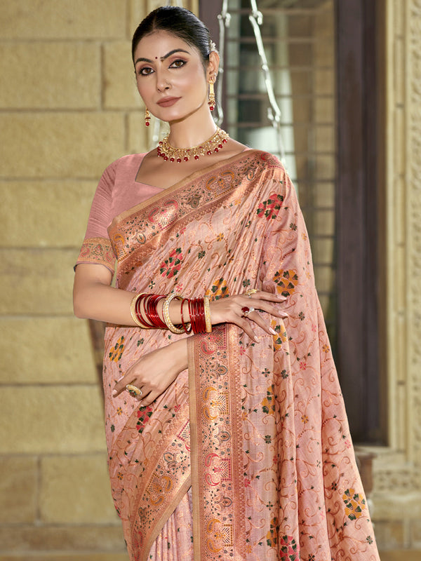 Women's Pink Silk Saree With Un Stitched Blouse - Aanika