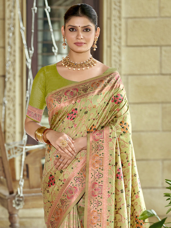 Women's Light Green Silk Saree With Un Stitched Blouse - Aanika