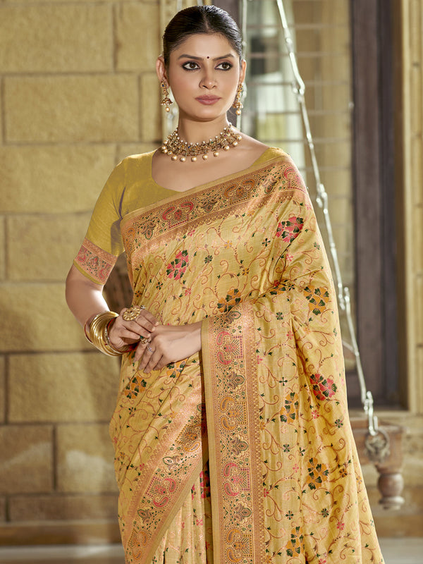 Women's Gold Silk Saree With Un Stitched Blouse - Aanika