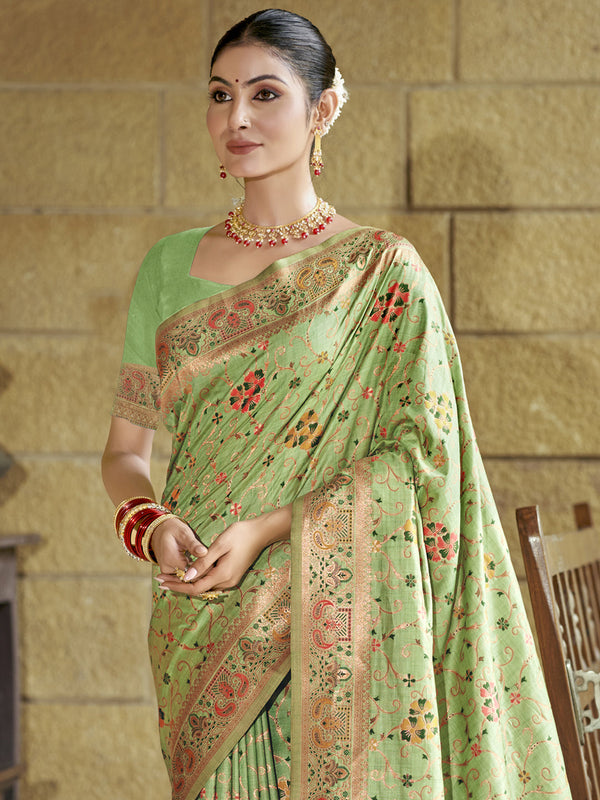 Women's Pista Green Silk Saree With Un Stitched Blouse - Aanika