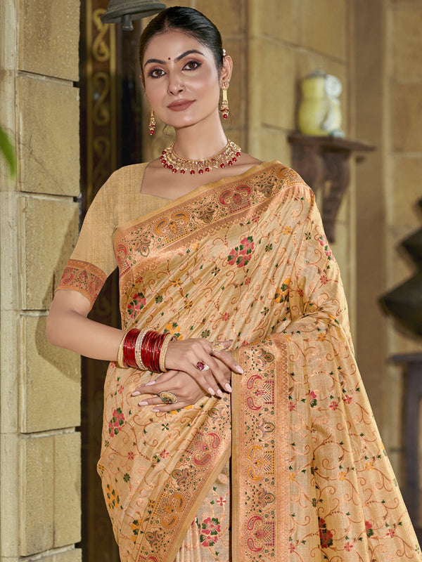 Women's Beige Silk Saree With Un Stitched Blouse - Aanika