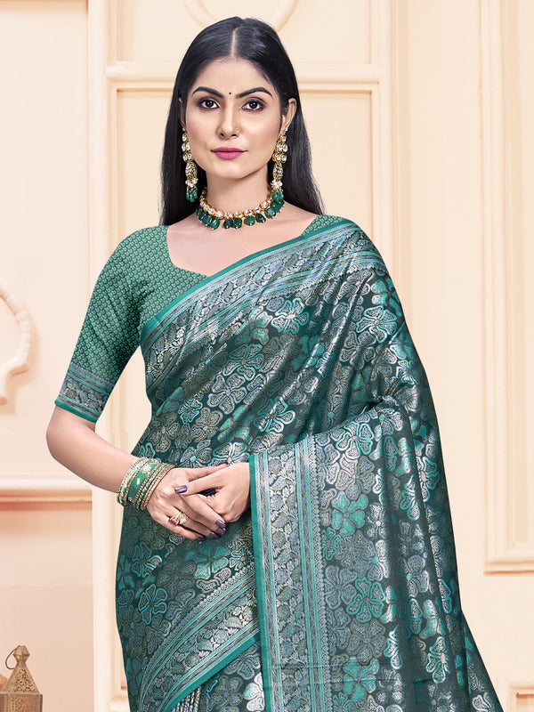 Women's Rama Satin Silk Saree With Un Stitched Blouse - Aanika