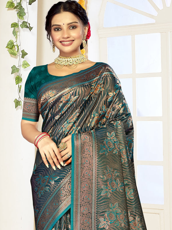 Women's Rama Satin Silk Saree With Un Stitched Blouse - Aanika