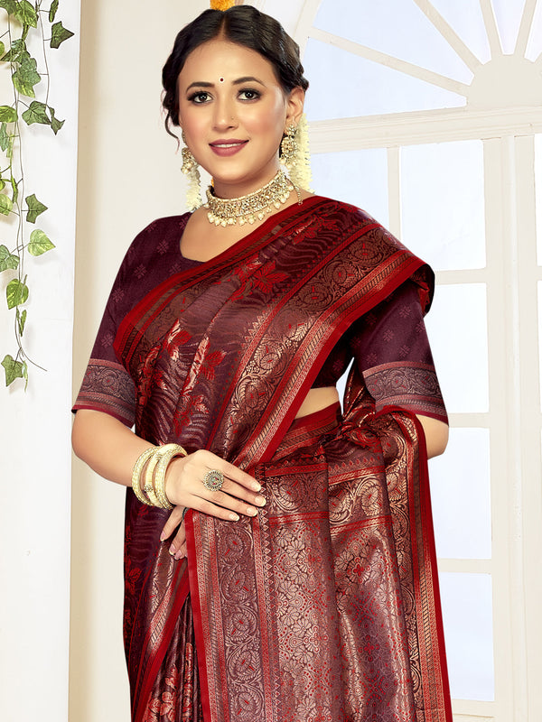 Women's Red Satin Silk Saree With Un Stitched Blouse - Aanika