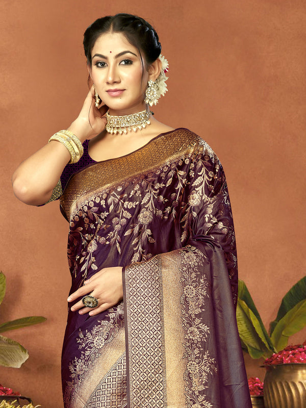 Women's Purple Satin Silk Saree With Un Stitched Blouse - Aanika