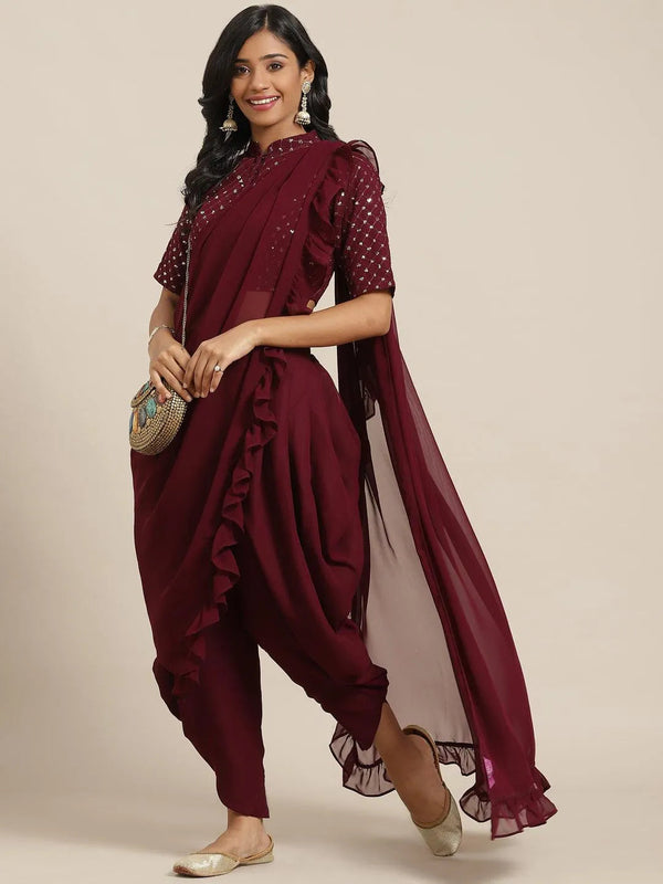 Burgundy Embellished Georgette Dhoti Saree - Jashvi