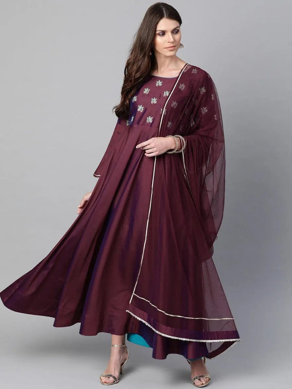 Burgundy Embroidered Chanderi Dress With Dupatta - Jashvi