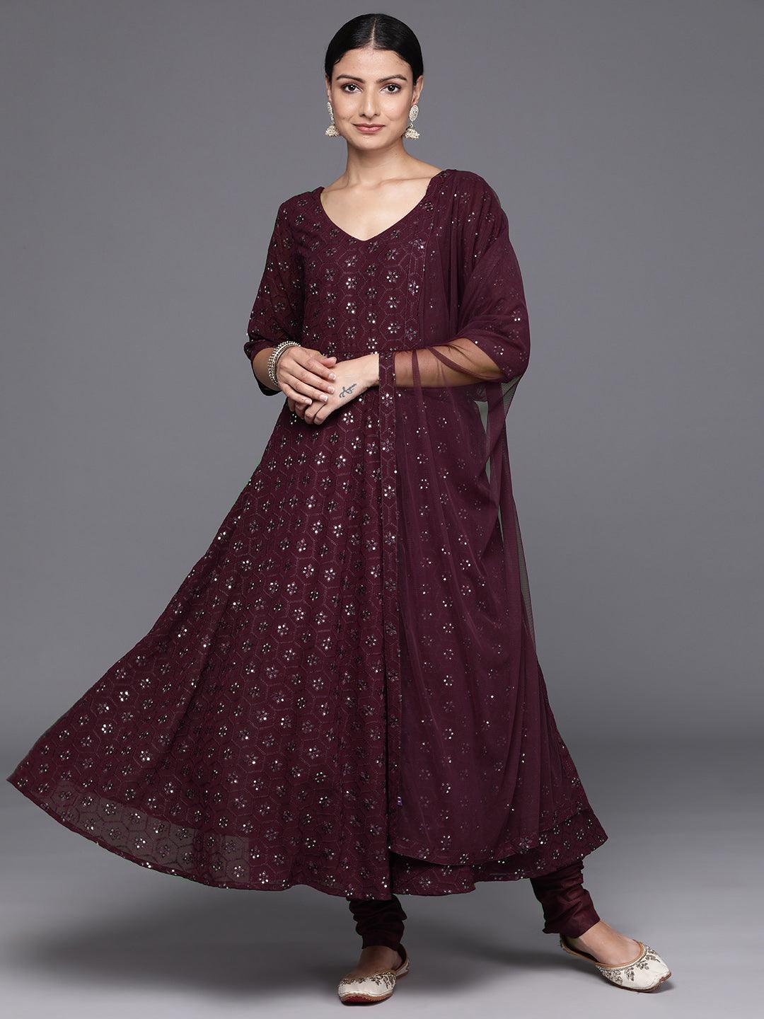 Burgundy Embroidered Georgette Anarkali Kurta With Churidar & Dupatta - Jashvi