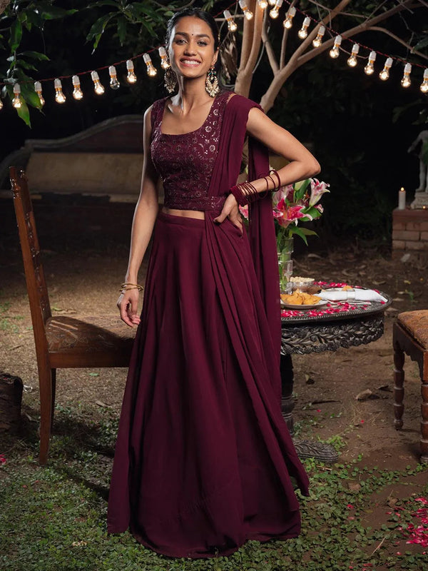 Burgundy Embroidered Georgette Lehenga Set - Jashvi