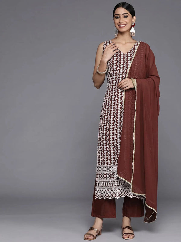 Burgundy Embroidered Georgette Straight Suit Set With Trousers - Jashvi