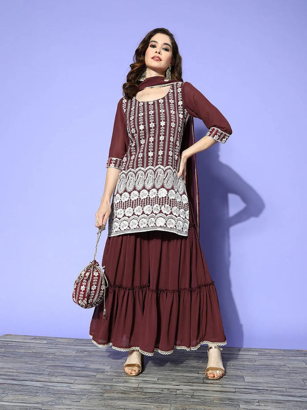 Burgundy Embroidered Georgette Straight Sharara Suit Set With Potli - Jashvi