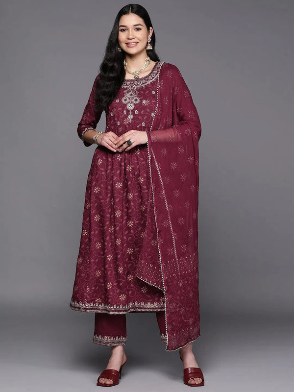 Burgundy Embroidered Rayon A-Line Suit Set With Trousers - Jashvi