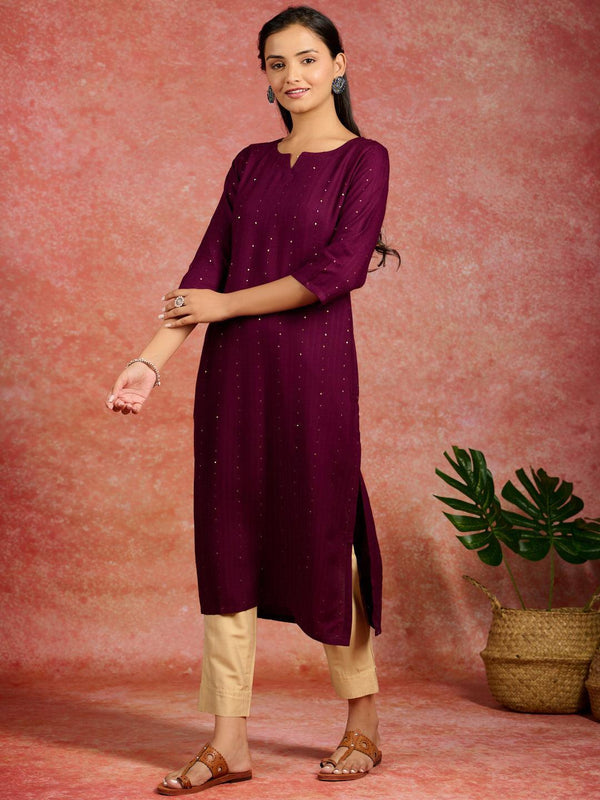 Burgundy Embroidered Rayon Straight Kurta - Jashvi