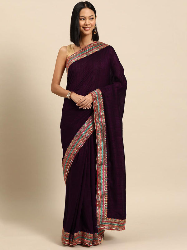 Burgundy Embroidered Silk Blend Saree - Jashvi