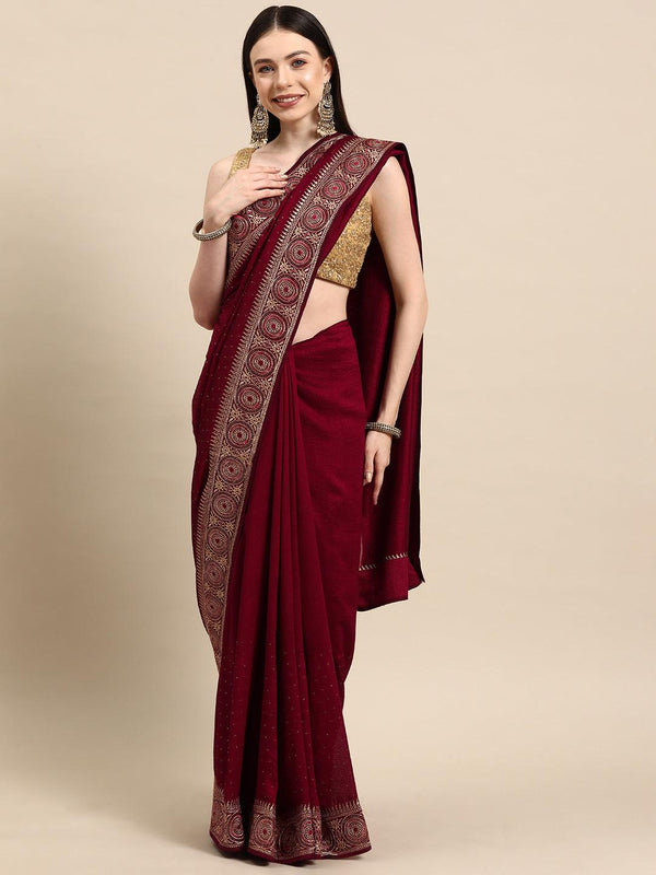 Burgundy Embroidered Silk Blend Saree - Jashvi