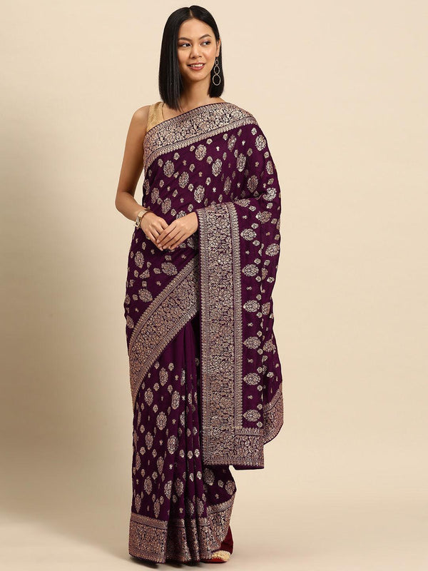 Burgundy Embroidered Silk Blend Saree - Jashvi