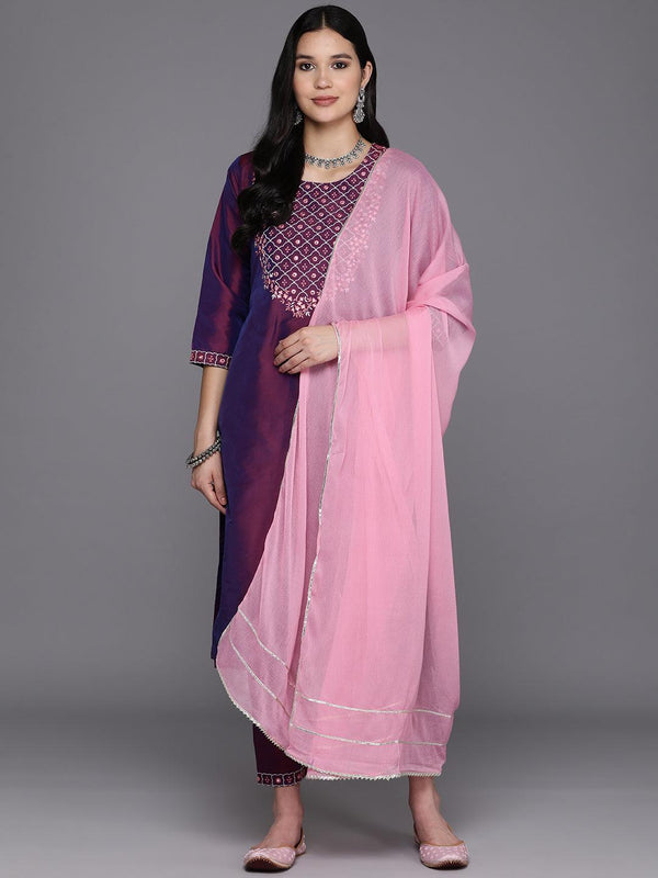 Burgundy Embroidered Silk Blend Straight Suit Set With Trousers - Jashvi