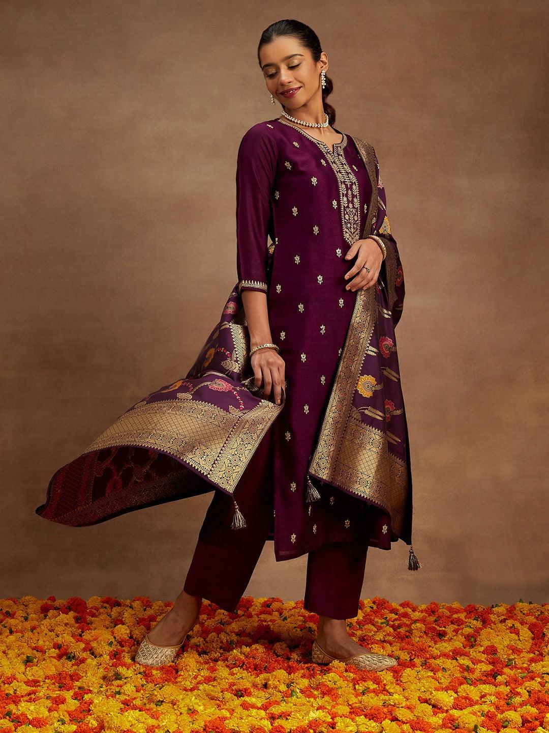 Burgundy Embroidered Silk Blend Straight Kurta With Trousers & Dupatta - Jashvi