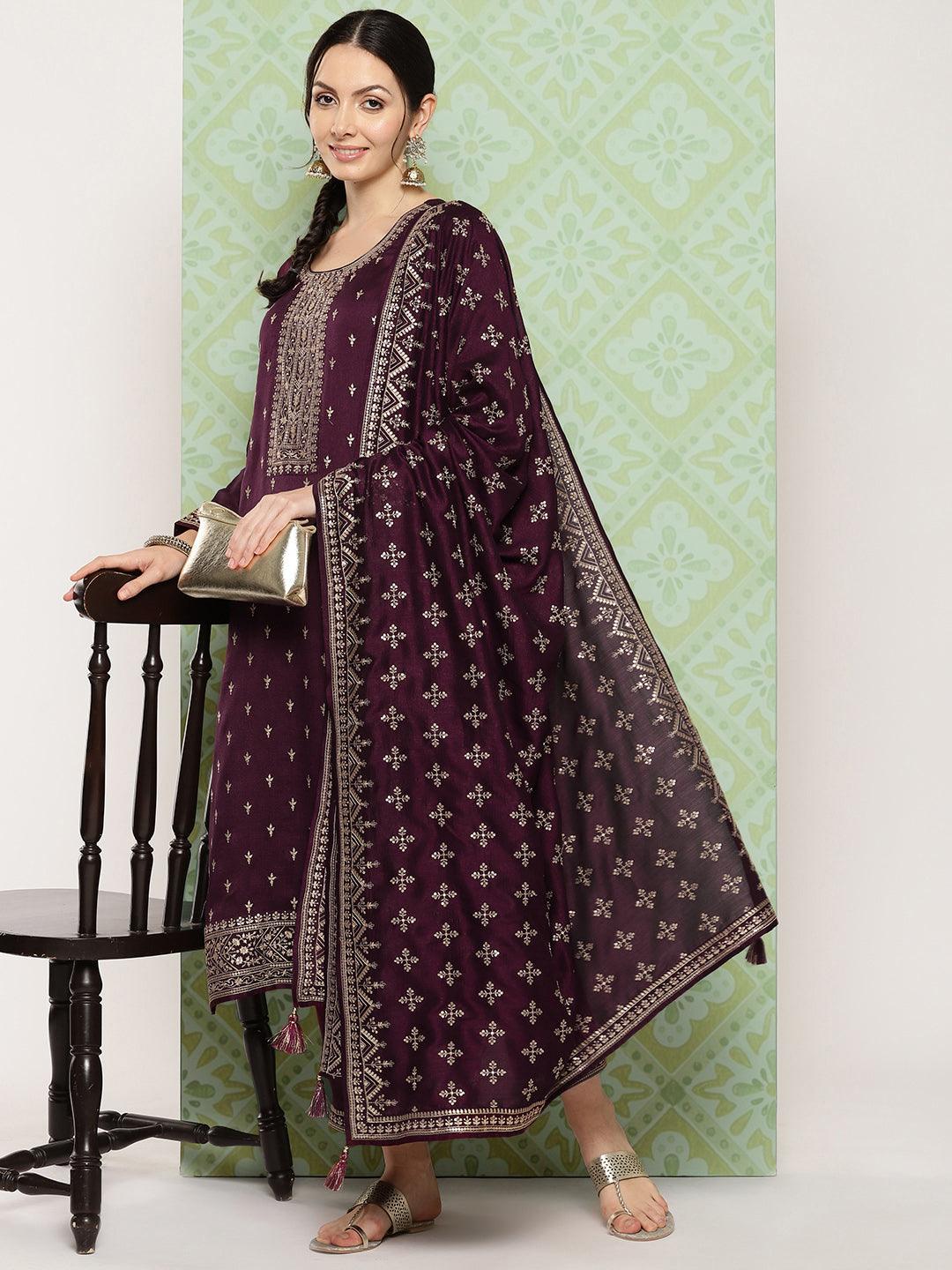 Burgundy Embroidered Silk Blend Straight Kurta With Trousers & Dupatta - Jashvi