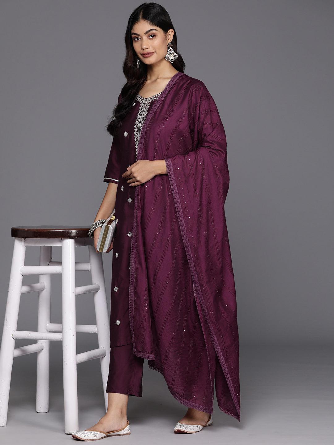 Burgundy Embroidered Silk Blend Straight Kurta With Trousers & Dupatta - Jashvi