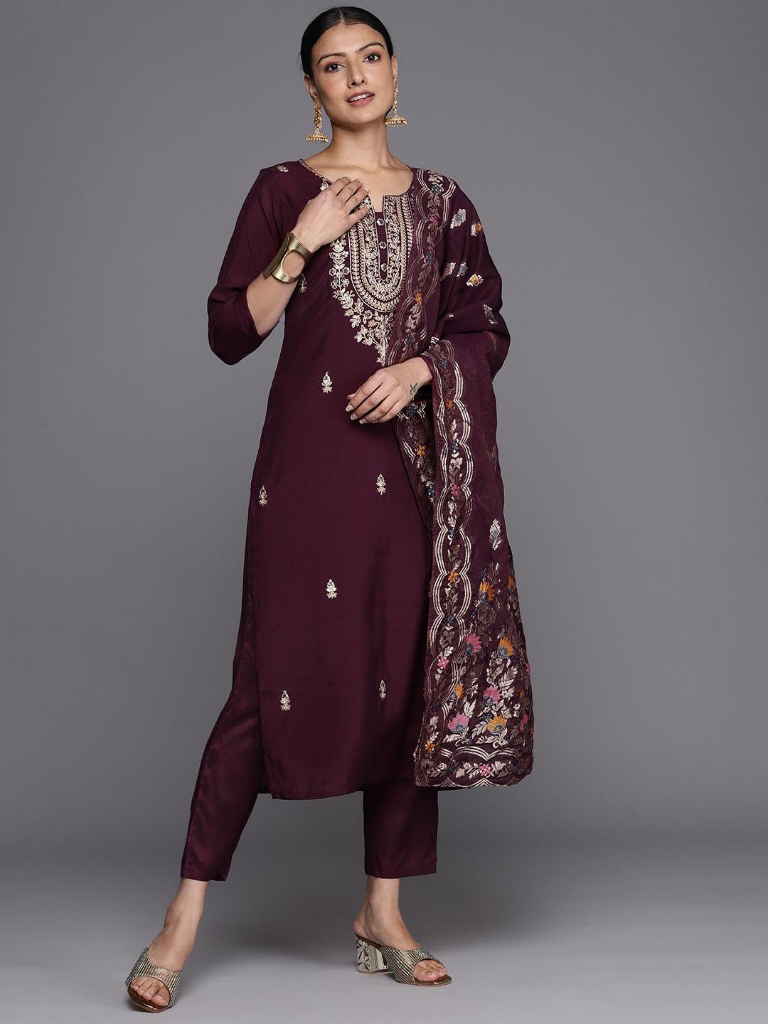 Burgundy Embroidered Silk Blend Straight Kurta With Trousers & Dupatta - Jashvi