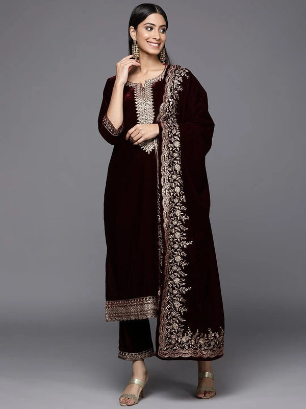 Burgundy Embroidered Velvet Straight Suit Set - Jashvi