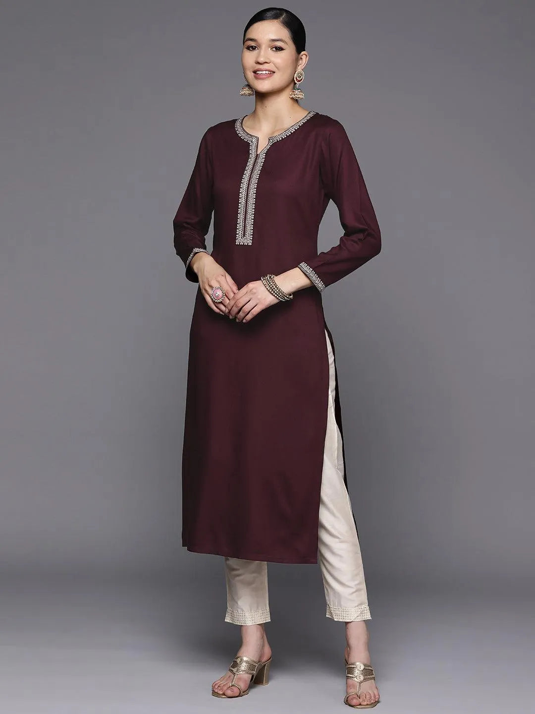 Burgundy Embroidered Wool Straight Kurta - Jashvi