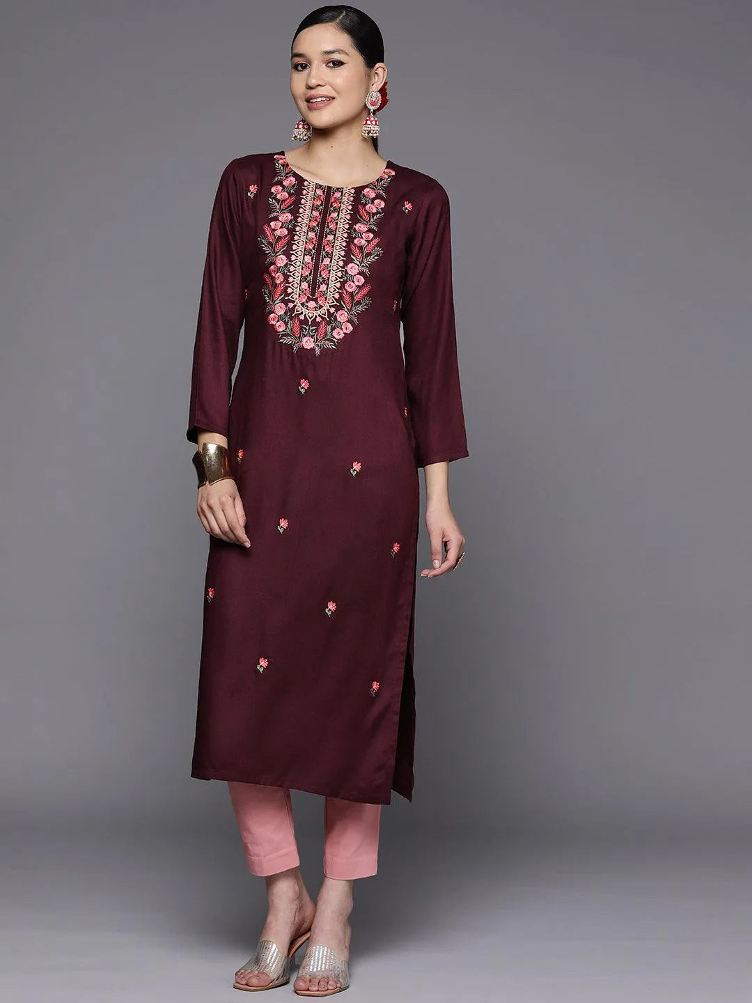 Burgundy Embroidered Wool Straight Kurta - Jashvi